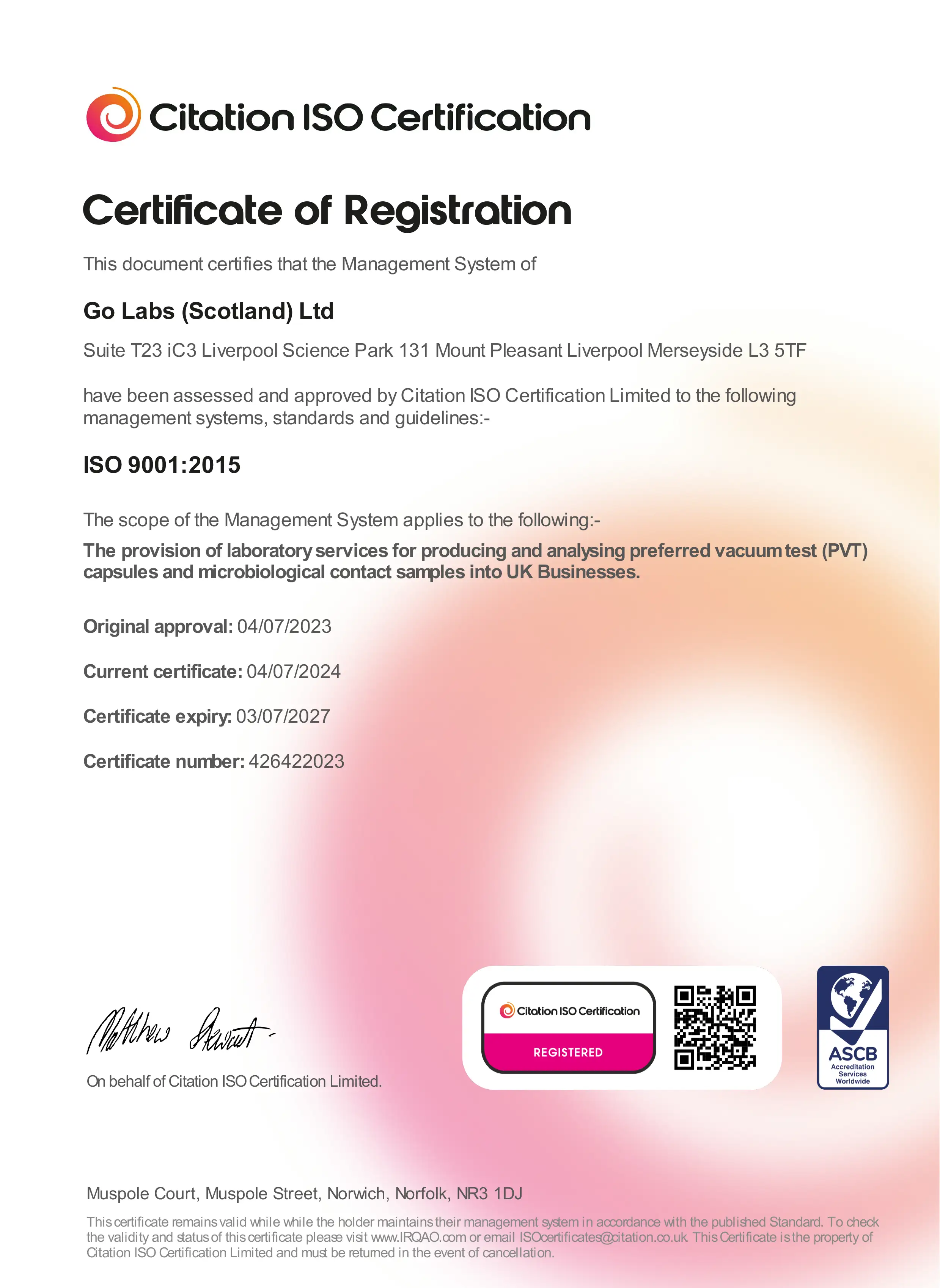 ISO 9001:2015 certificate for Go Labs