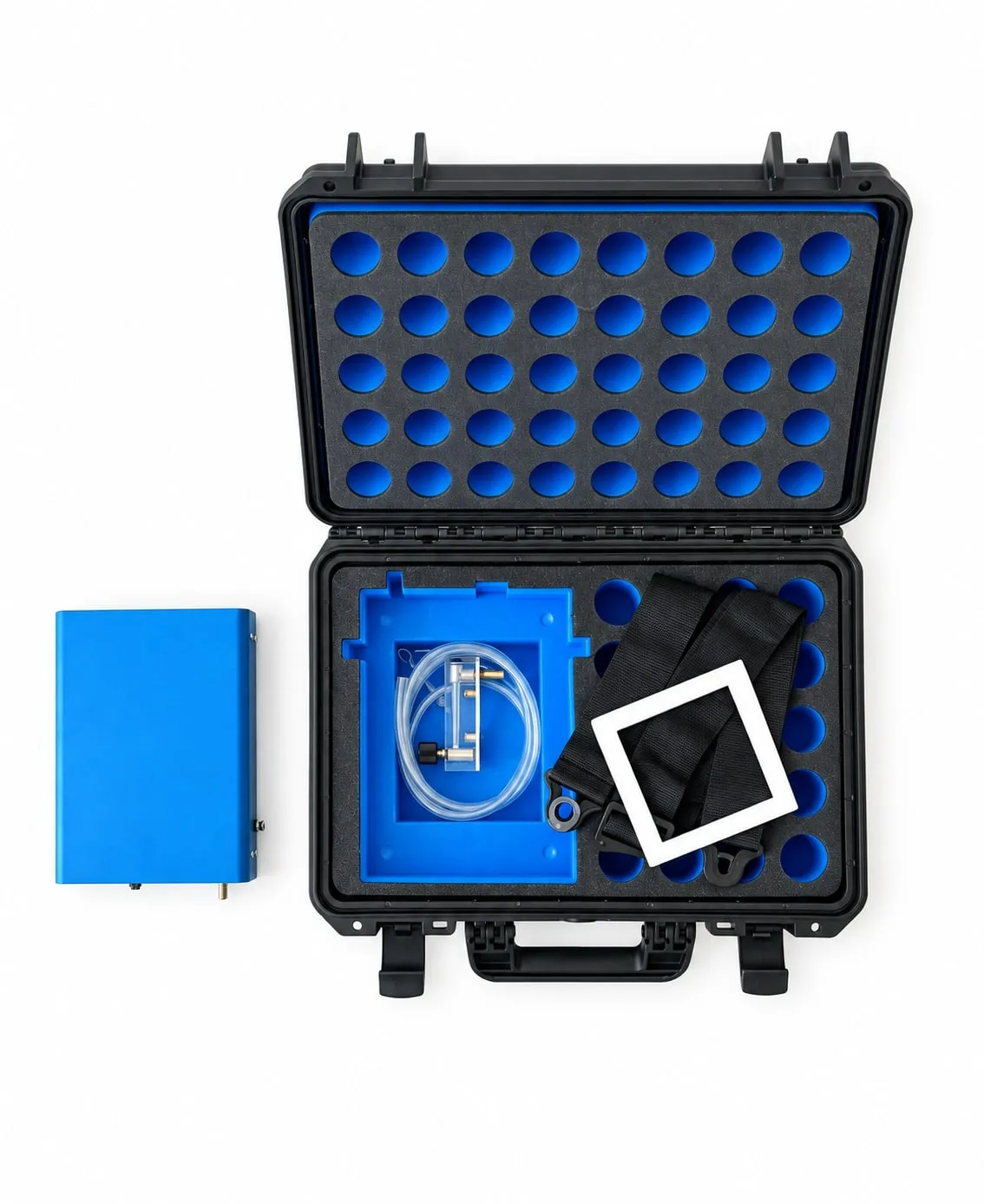 The EVT/PVT test kit laid out: pump, flow meter, template, strap and case